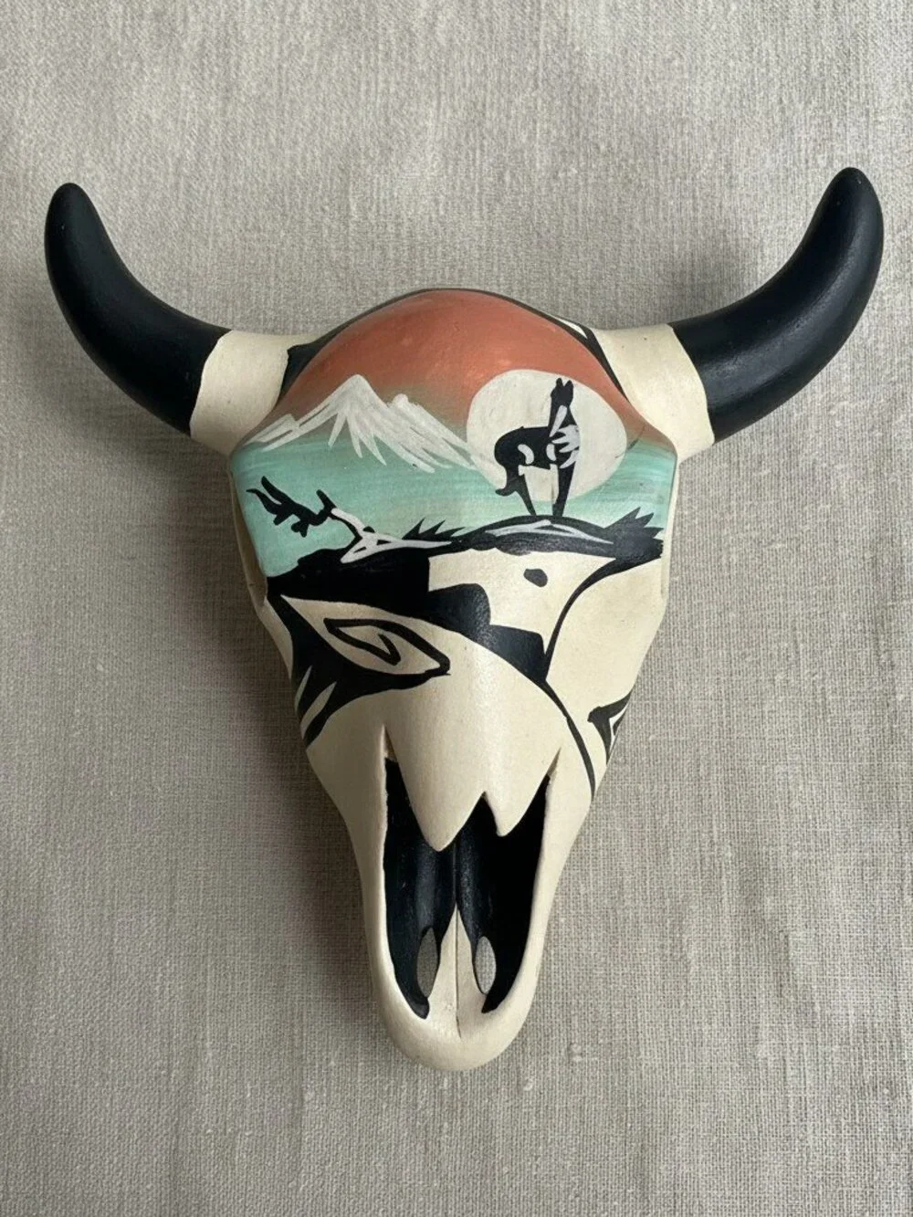 Vintage Navajo Signed R. Hathale Hand Painted Pottery Steer Skull 5